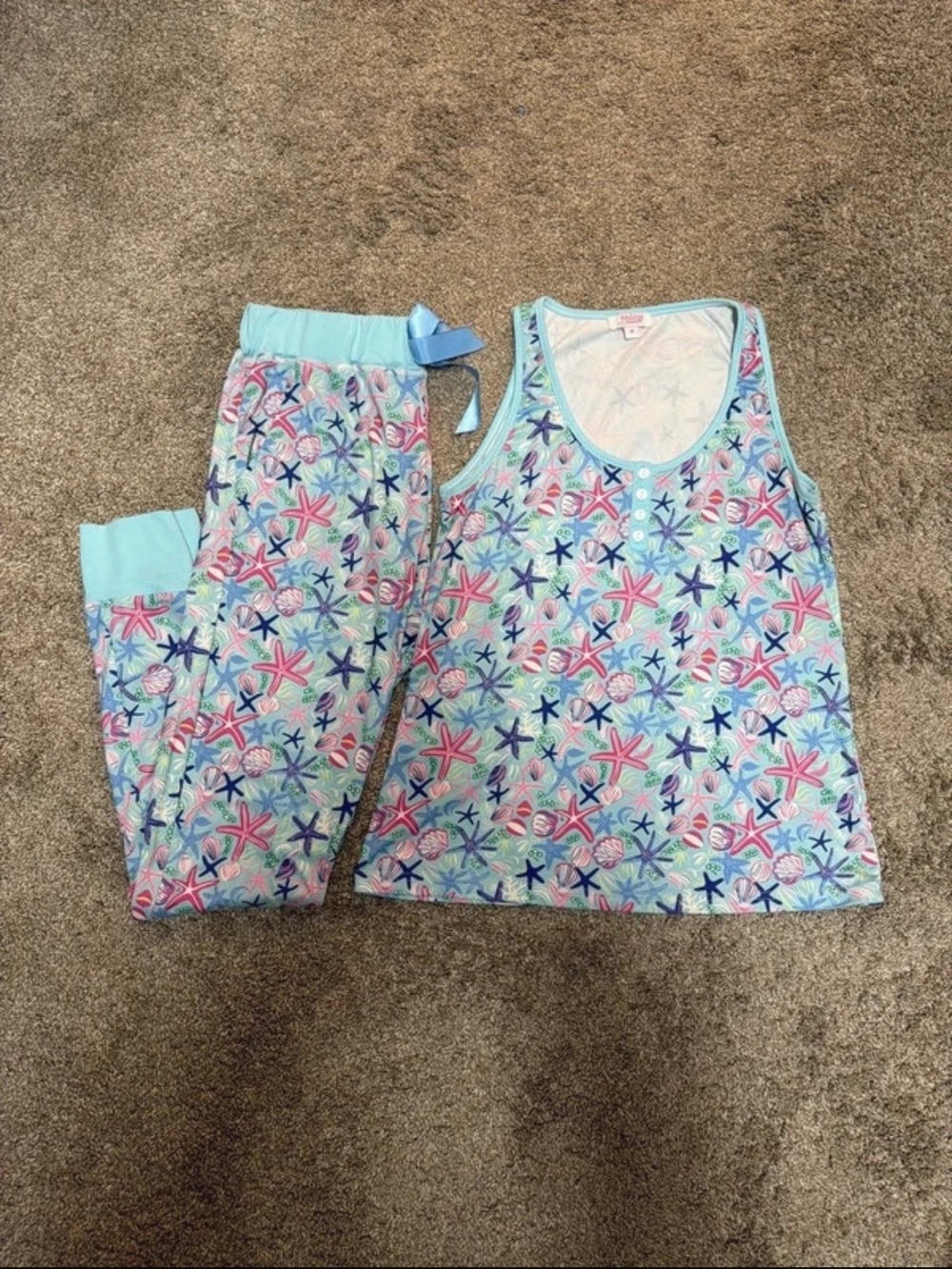 Light Blue Starfish Print Women’s Pajama Set - Tank Top & Pants